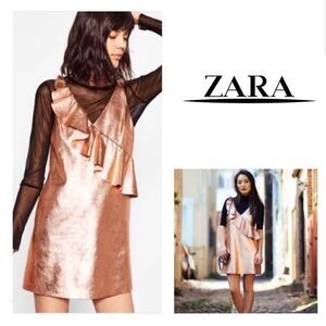 Zara Rose Gold Metallic Ruffle Vegan Suede Dress S